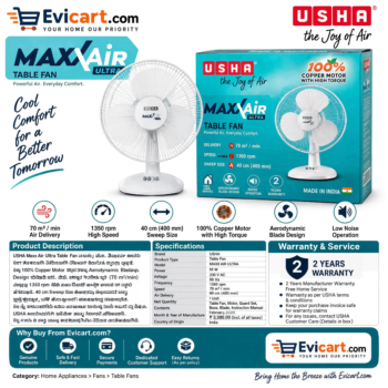 USHA MaxxAir Ultra Table Fan ಮನೆಯ ದಿನನಿತ್ಯದ ಬಳಕೆಗೆ ಸೂಕ್ತವಾದ powerful table fan ಆಗಿದ್ದು